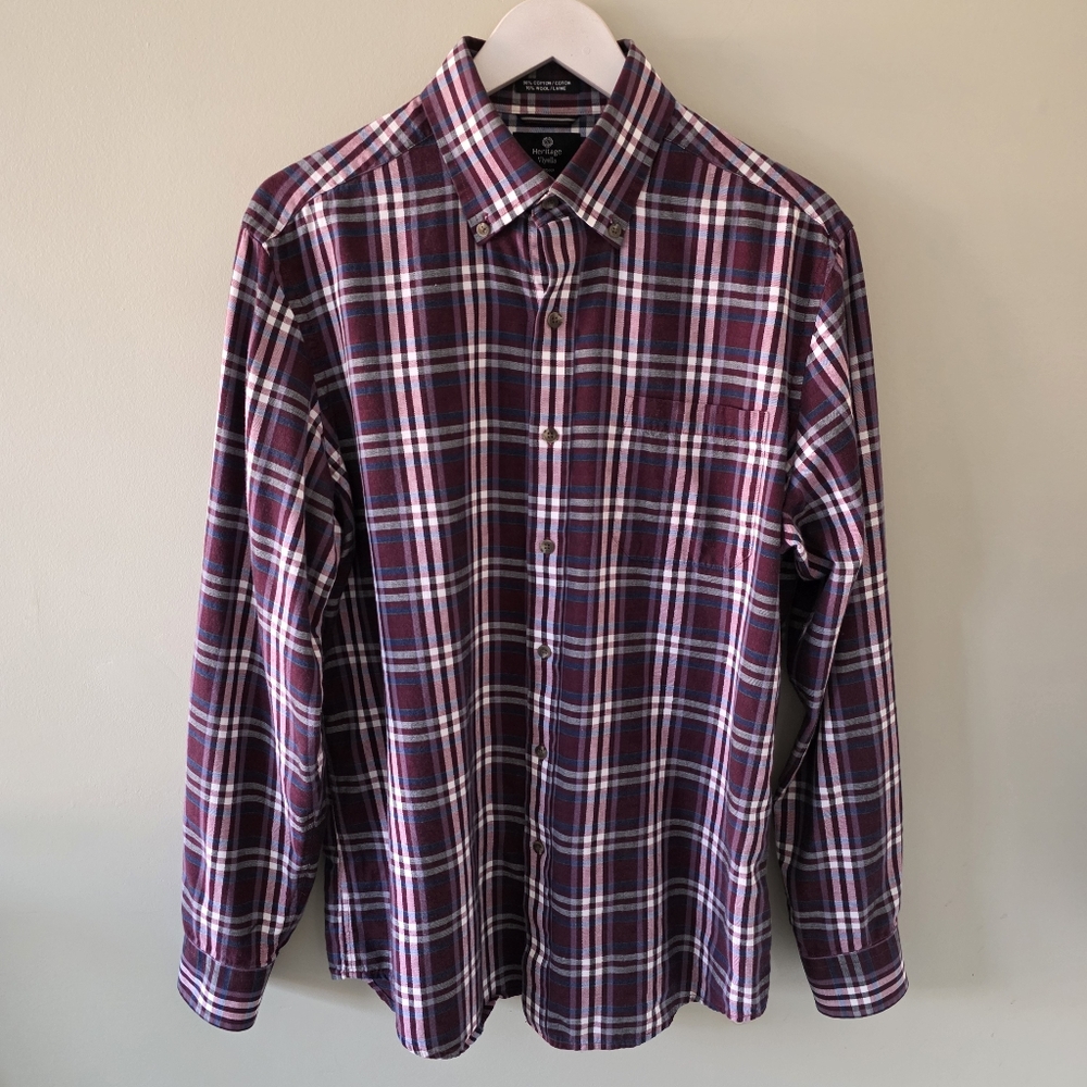 NWOT Heritage Viyella Black Brown 1826 M Preppy Plaid Wool Cotton Button Shirt